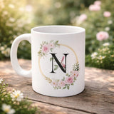 Personalized Letter N Floral Ceramic Mug – Elegant Monogram Printed Coffee & Tea Cup - Printox