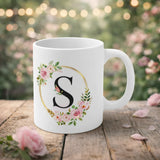 Personalized Floral Initial “S” Mug Mockup – Elegant Rose Monogram Ceramic Coffee Cup Design - Printox