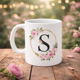 Personalized Floral Initial “S” Mug Mockup – Elegant Rose Monogram Ceramic Coffee Cup Design - Printox