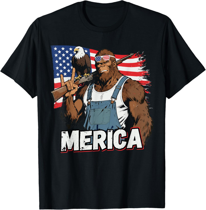 Bigfoot Merica Rock USA Flag Patriotic Sasquatch 4th of July T-Shirt