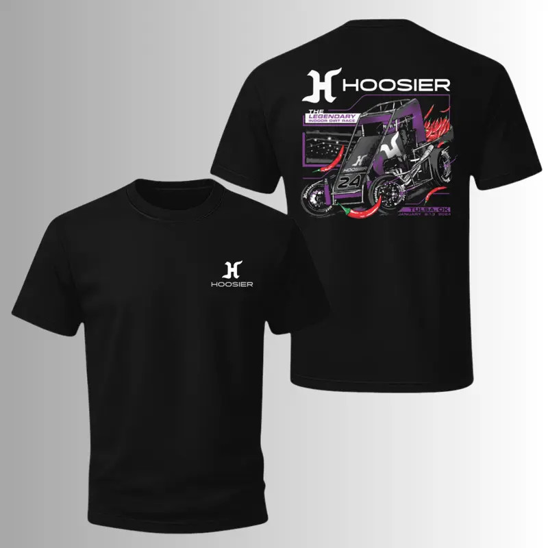 Hoosier Racing T-Shirt, Dirt Track Car Graphic Back Print with Purple Logo, Soft
