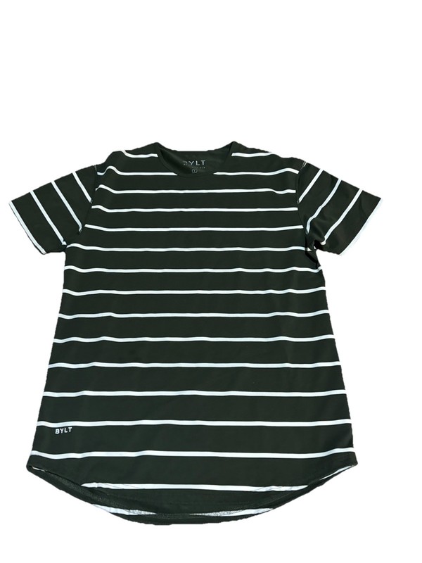 BYLT Drop Cut Lux Shirt Mens L Green White Striped Short Sleeve Stretch Fabric