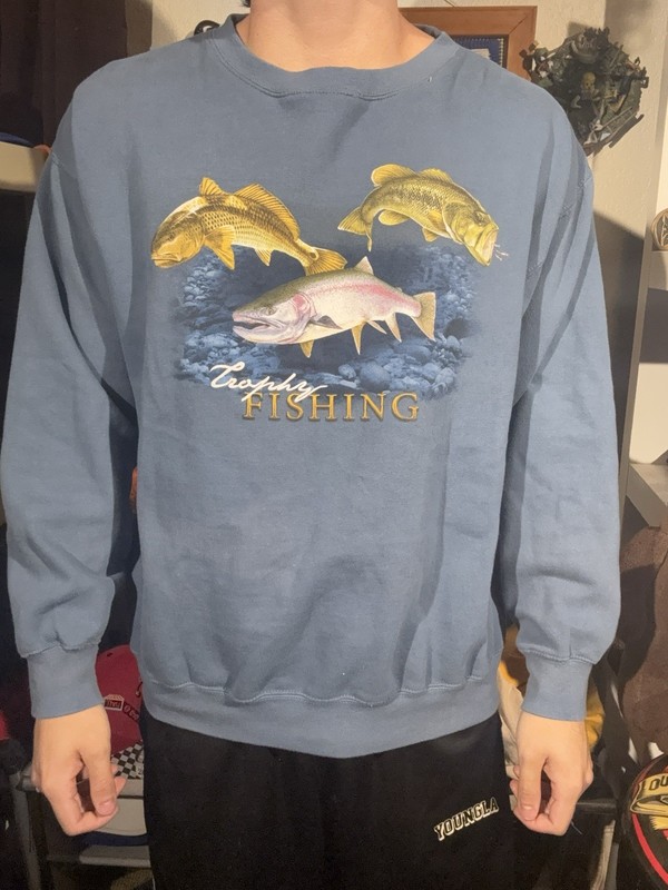 Y2k Western Fisherman American Outdoors Trophy Fishing Blue Carp Crew Neck XL