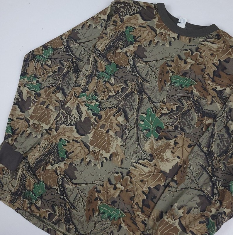Vintage 80s 90s Tree Leaf Camouflage Print Long Sleeve T Shirt Vtg Outdoor USA gallery