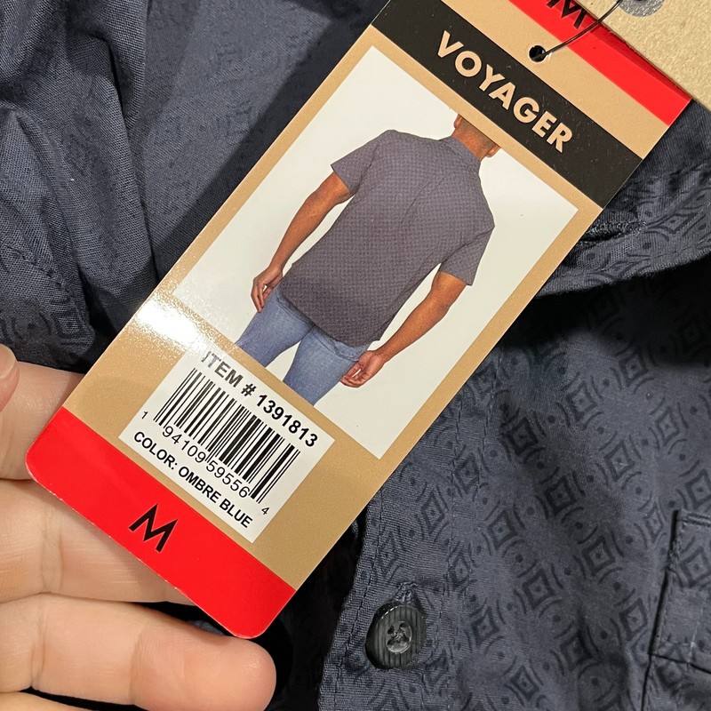 Voyager Shirt Mens Medium Button Up Short Sleeve Geometric Ombre Blue Preppy gallery
