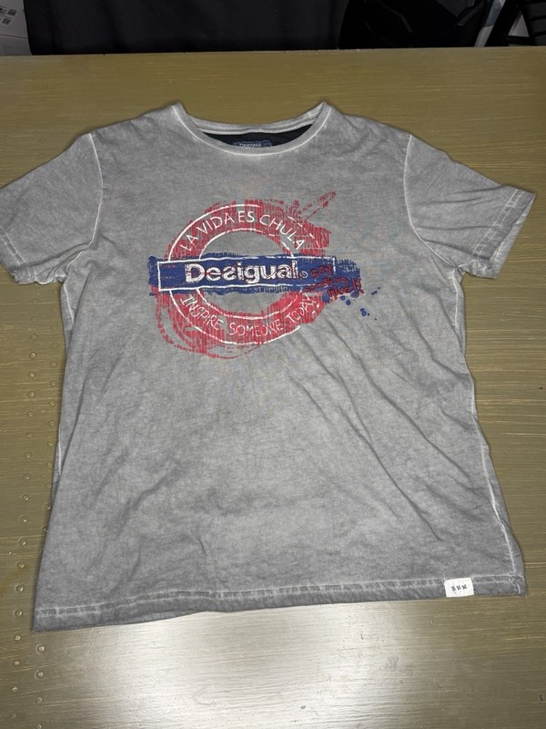Desigual Men’s XL Graphic Logo T Shirt Grey Distressed Short Sleeve