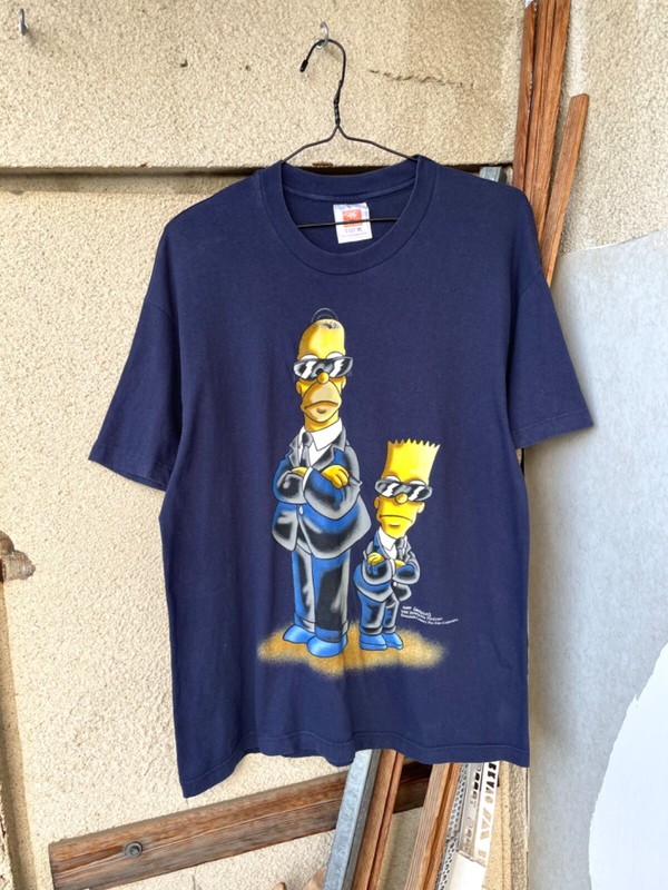 Vintage 90s The Simpsons Homer And Bart Man In Black FBI T-Shirt Size L Blue