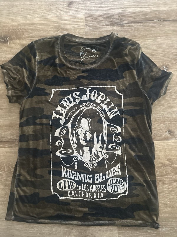 Lucky Brand Men’s Green Camo Janis Joplin Graphic Crew Neck T-Shirt Size L