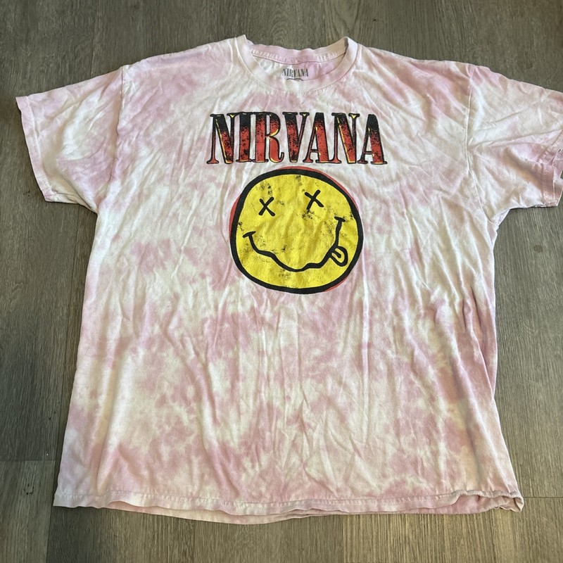 Nirvana Happy Face Graphic T-shirt Unisex XL Pink Tie Dye Distressed