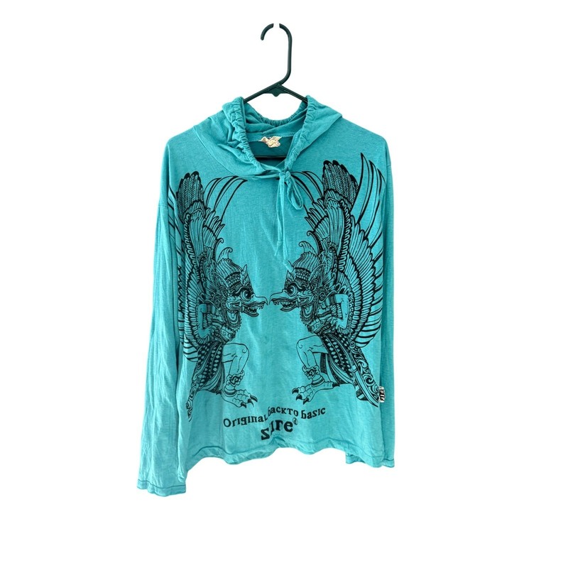 Sure Teal Garuda Graphic Long Sl Hooded T-Shirt Cotton Mens XL Thailand Aztec