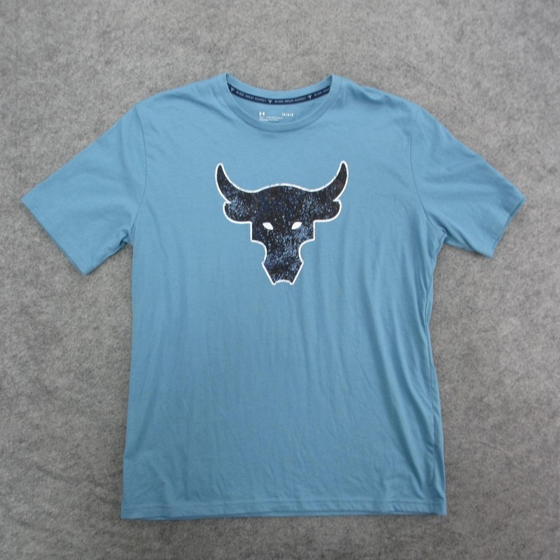 Under Armour Project Rock Shirt Mens Large Blue Graphic Bull Blood Sweat Respect