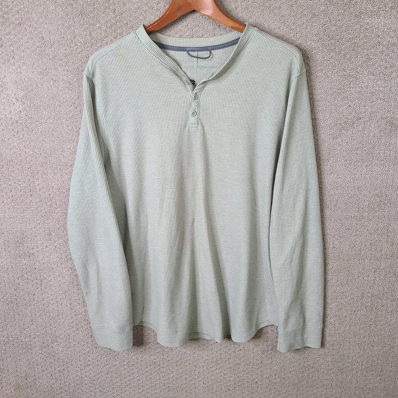 All In Motion Shirt Mens L Green Henley Waffle Knit Recycled Poly Blend Casual