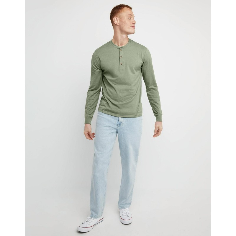 Hanes Originals Men’s Cotton Long Sleeve Henley T-shirt Light Green-Large
