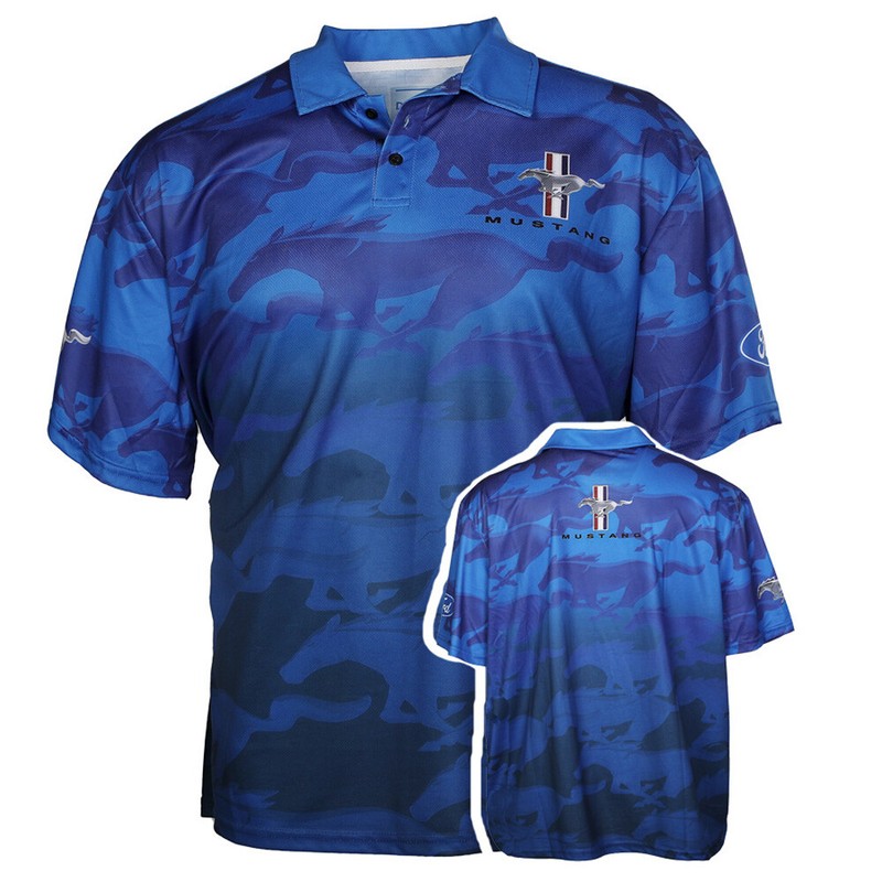 Ford Mustang Performance Horse Logo Dry-Wicking Blue Polo Shirt Official License