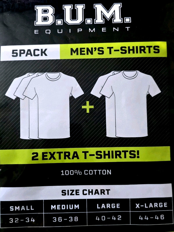 BUM 5x Value Pack Men's T-shirts, Cotton (3 White, 1 Gray, & 1 Black), Large gallery