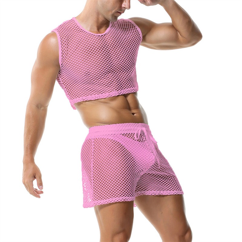 Men's Transparent Fishnet Crop Tops Sexy Mesh Hollow Out Vests With Loose Shorts gallery