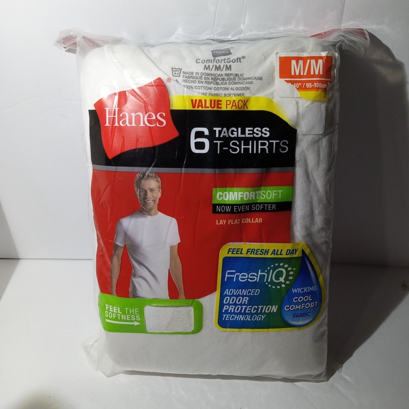 Hanes Men’s White Crewneck T-Shirt 6-Pack TAGLESS Fresh IQ Comfort Size Medium