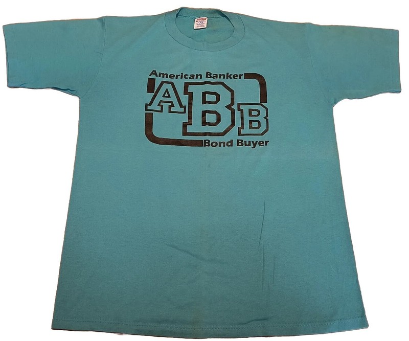 Vintage American Banker t shirt L 80s single stitch distressed teal bond buyer