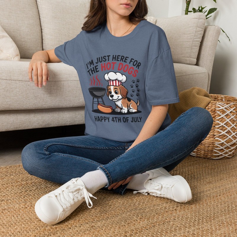 -I’m Just Here For The Hot Dogs Fourth of July Dog T-Shirt | 4th of July Dog BBQ