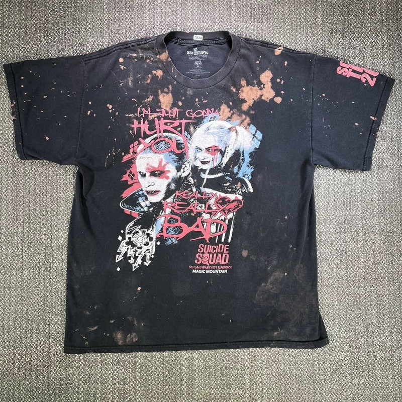 Suicide Squad Six Flags T Shirt Mens XL Black Harley Quinn Joker Scare Team 2016