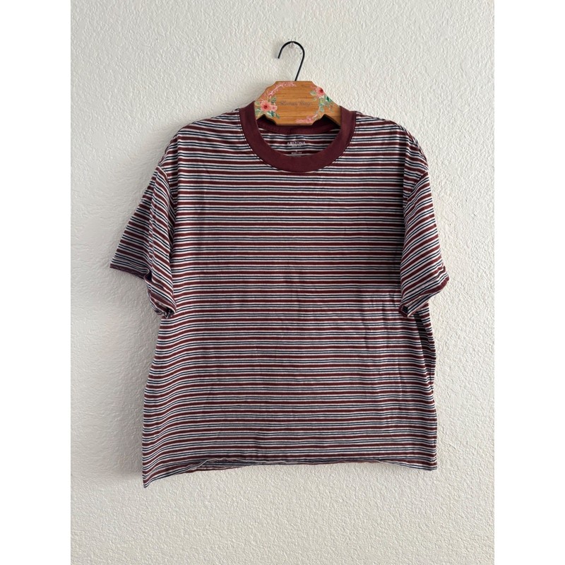 Arizona Jean Co T-Shirt Large Boxy Fit Striped Burgundy Navy Blue Cotton