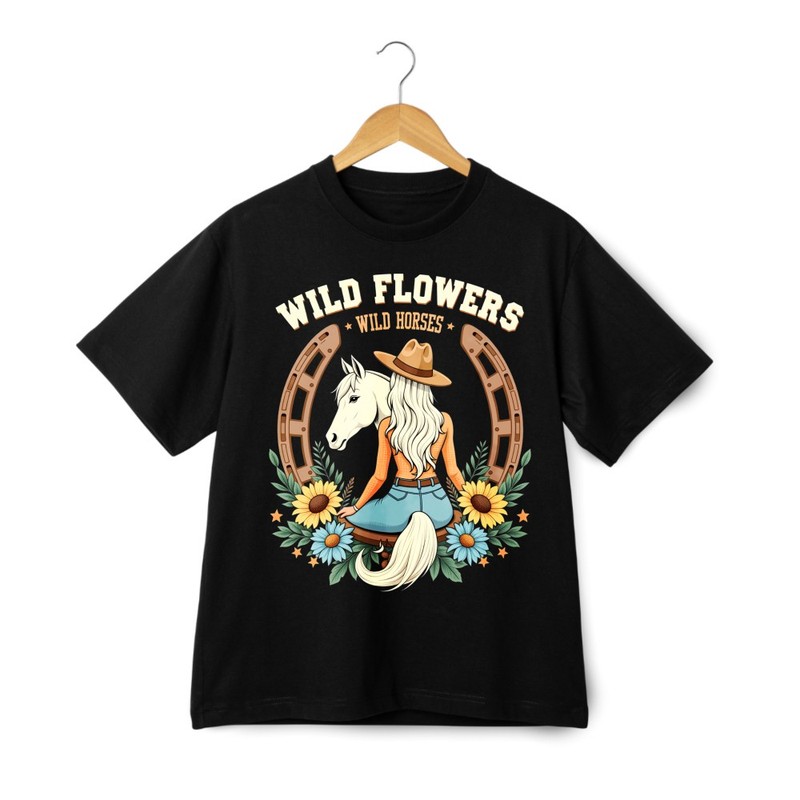 Vintage Washed Cotton T-Shirt Western Cowgirl Horse Outdoor Adventure Casual Top