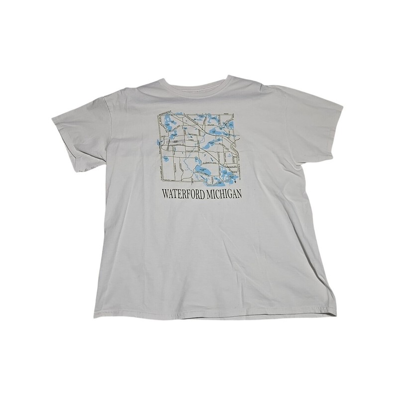 Waterford Michigan Road Map L/XL T-Shirt Spell-Out White Tee Roads Streets