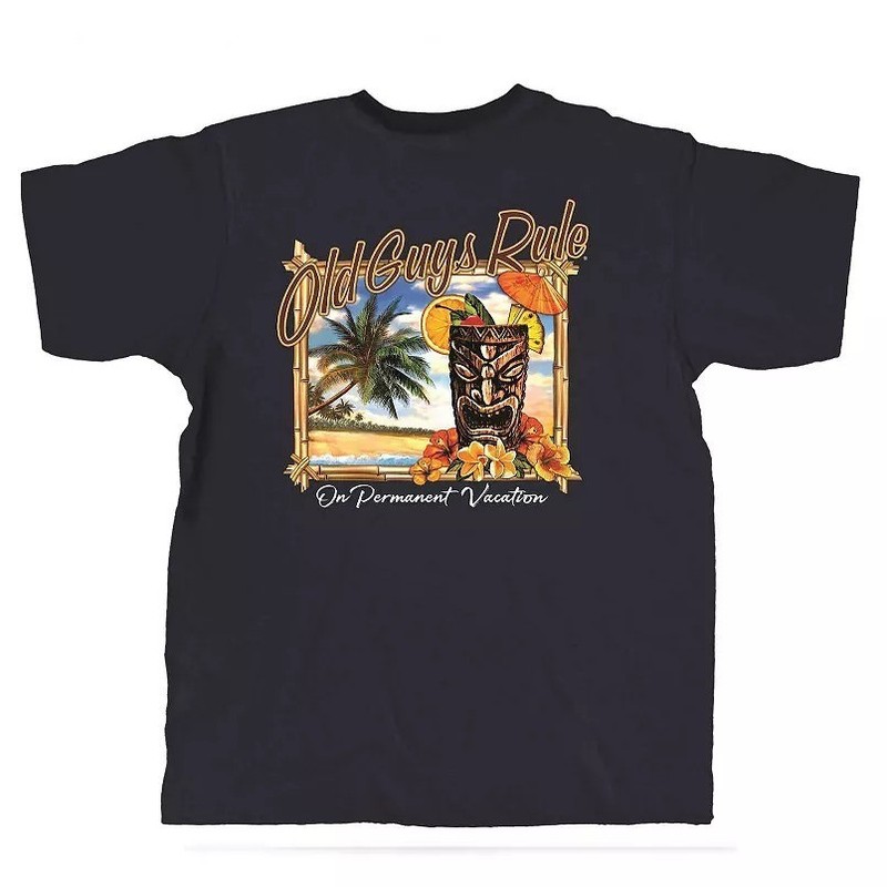 New OLD GUYS RULE T SHIRT PERMANENT VACATION, TIKI, NAVY BLUE