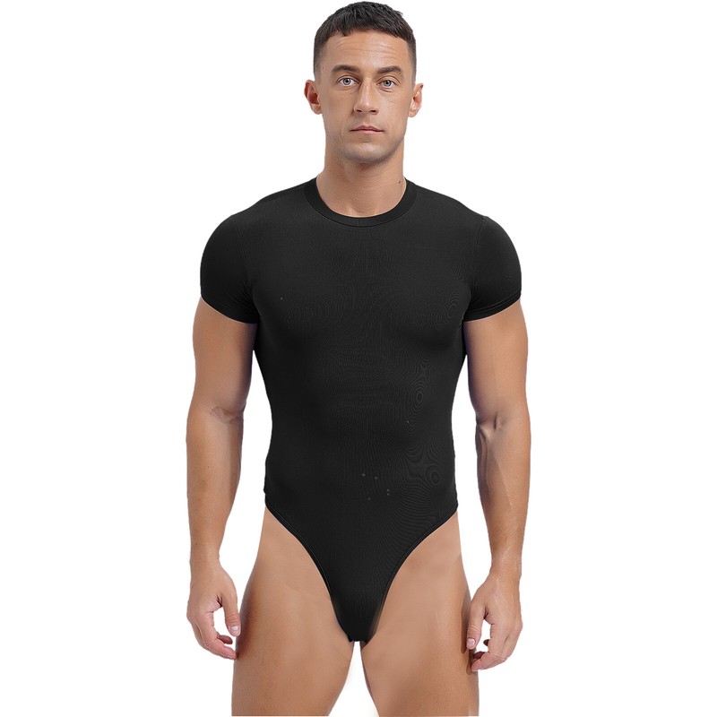 Mens Short Sleeve Bodysuit Athletic High Waist Jumpsuits Stretchy Button Bodycon