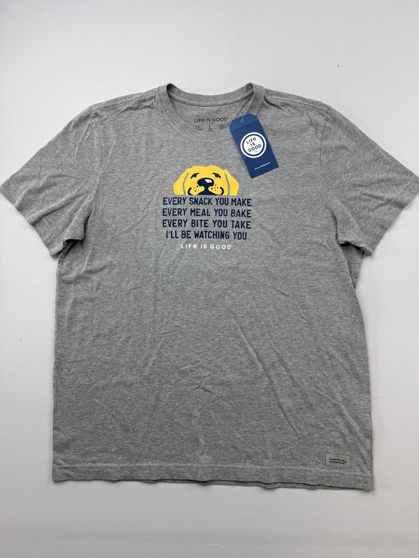 Life Is Good Shirt Mens Large Gray Dog Snack Watching You Graphic Tee Funny