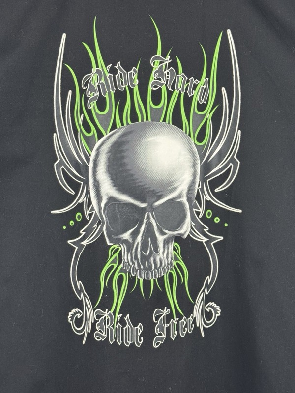 Rare Vintage Y2K Dragonfly black button up shirt with green flames and skull gallery