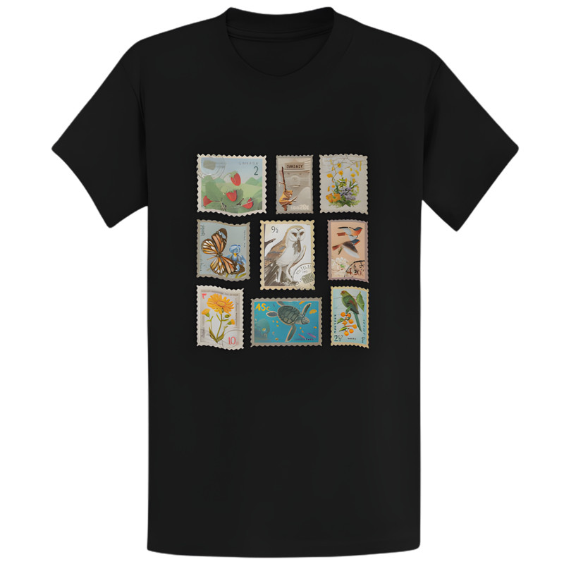 Gildan 5000 Vintage Wildlife Botanical Stamp Collage T-Shirt - Retro Gift Tee gallery