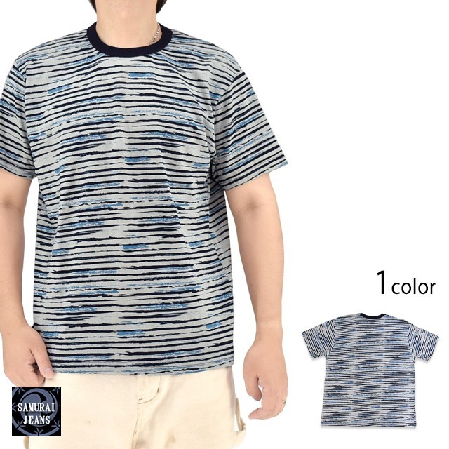 Samurai Jeans SJIT26-101 Indigo Stripe T-Shirt Crew Neck Size L XL XXL XXXL