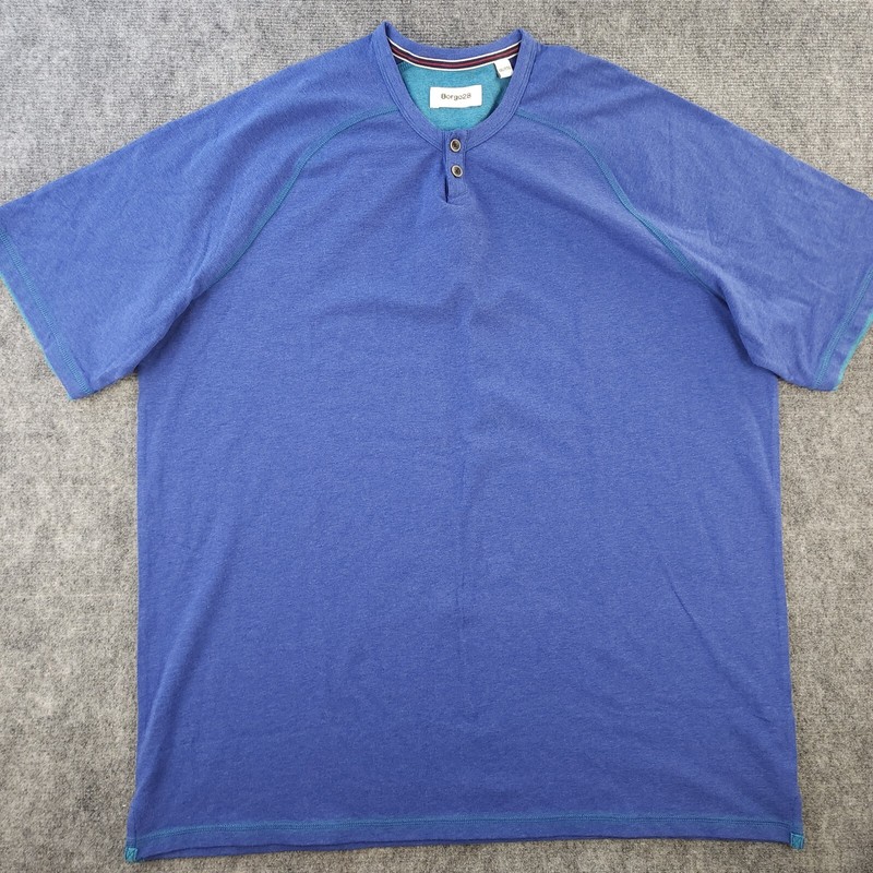 Borgo 28 Shirt 2XL Crew Neck Button Short Sleeve Blue Solid Cotton Stretch