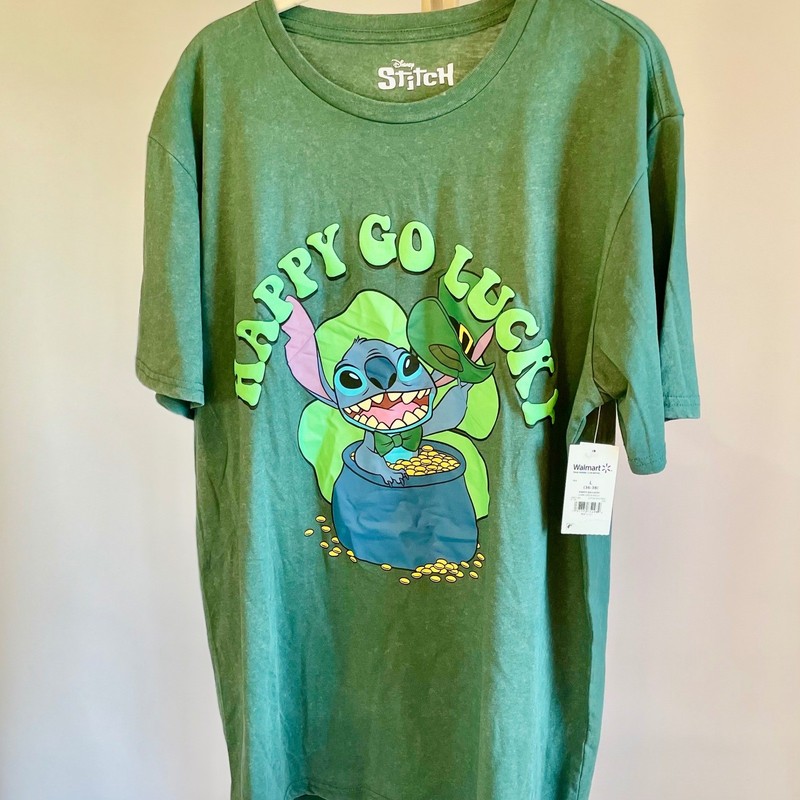 Disney Stitch Mens St Patricks Day Happy Go Lucky Green Mineral Wash T-Shirt L