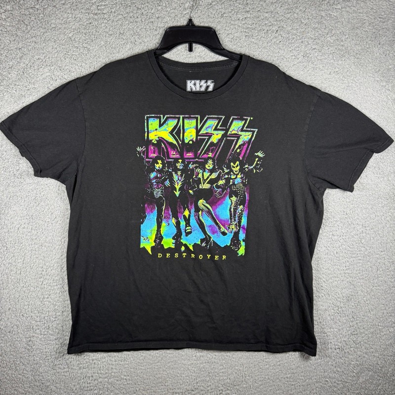 KISS Destroyer Band T-Shirt Mens 2XL Black Neon Graphic Rock Music Tee 2023