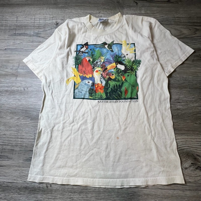 Vintage Kaytee Avian Foundation T-Shirt Mens Large Cream Bird Graphic Nature Tee