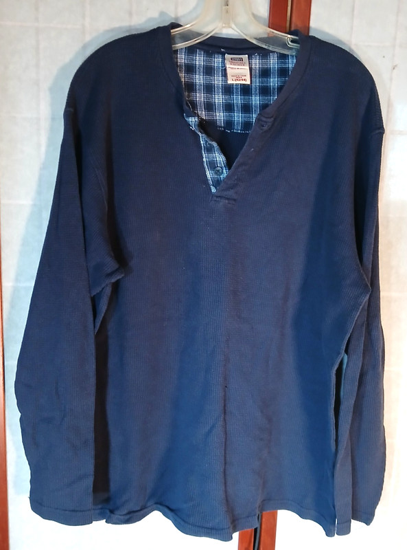 Faded Glory Originals Waffle Weave Thermal Long Sleeve Navy Polo Front L 42/44
