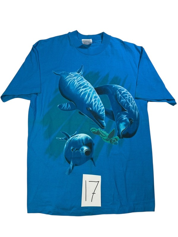 Vintage Hanes T-Shirt Men’s Medium Blue Graphic Print Dolphins Turtle Crew Neck