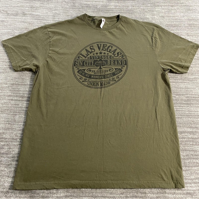 Las Vegas Sin City Graphic Shirt Mens Extra Large Olive Green Crewneck Tee