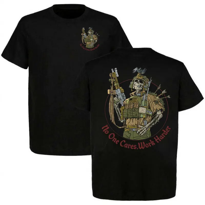 No One Cares Work Harder Tee, Tactical Skeleton Soldier Rifle Shirt, Black Skull