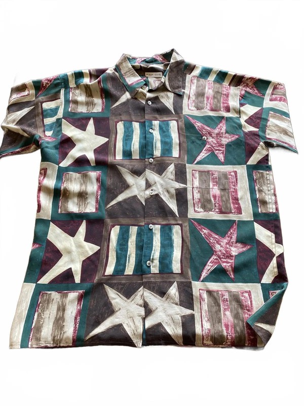 Burma Bibas Mens L Silk Button Front Shirt Short Sleeves Stars