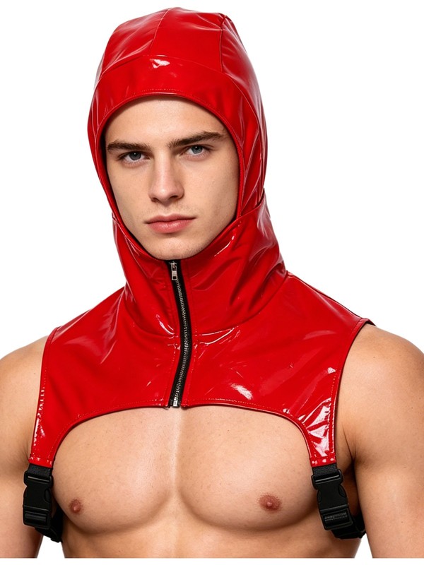 US YiZYiF Mens Leather Headgear Zipper Front Half Tank Tops Shiny Shoulder Armor