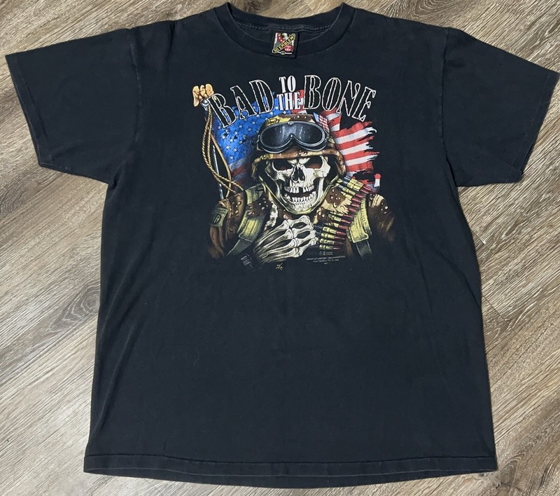1992 “Bad To The Bone” 3D Emblem Skull Military Vintage Faded Graphic T Shirt
