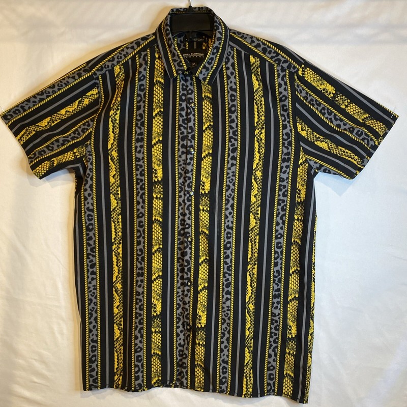 Stretch Drill Clothing Animal Print Mens Dress Shirt Black Yellow Grey Size M