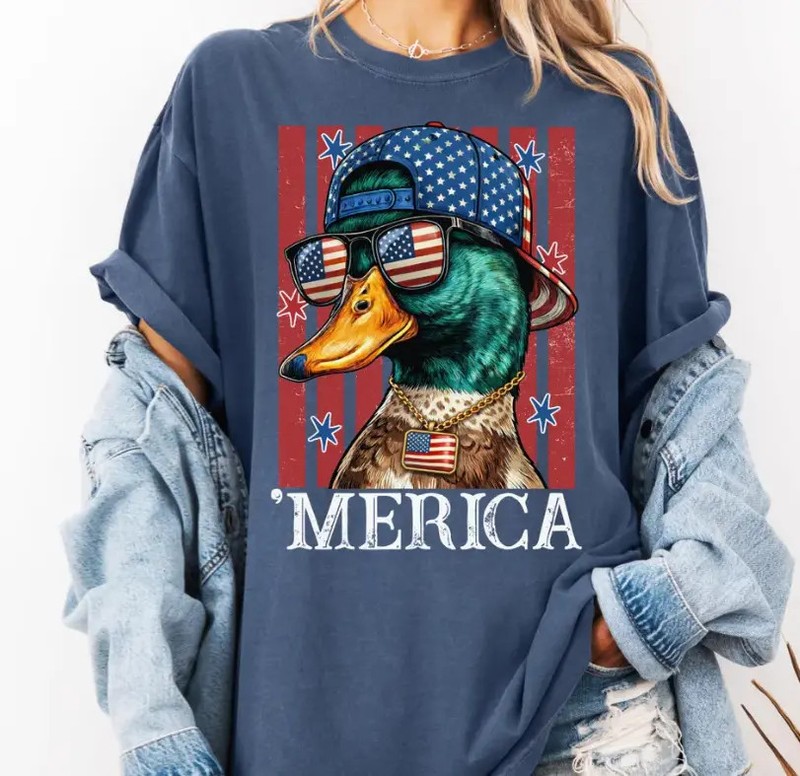 Merica Duck Shirt, Funny Patriotic Mallard Tee, Retro USA Flag T-Shirt