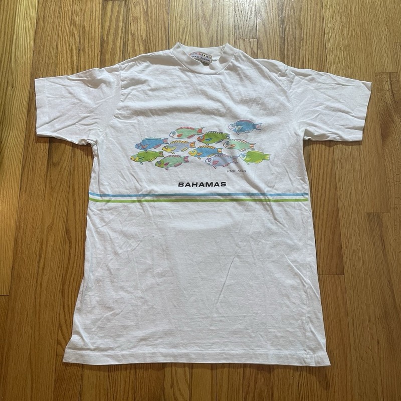 Vintage BAHAMAS School Holiday Fish T-Shirt Yachting Single Stitch Size XL WHITE