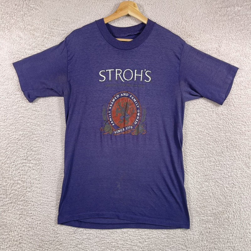 Vintage 80s Stroh’s Beer Shirt Adult Large* Blue Alcohol 50/50 USA Single Stitch