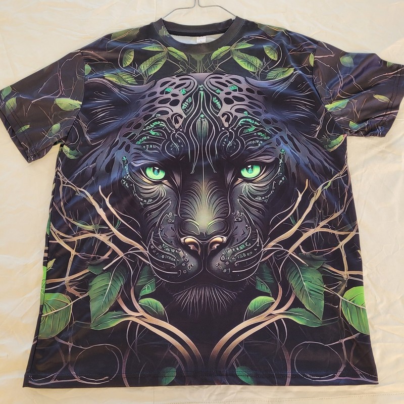 Panther, Black& Gold W/ Green Foliage Size lg. T Shirt S/S. Print Front And Back