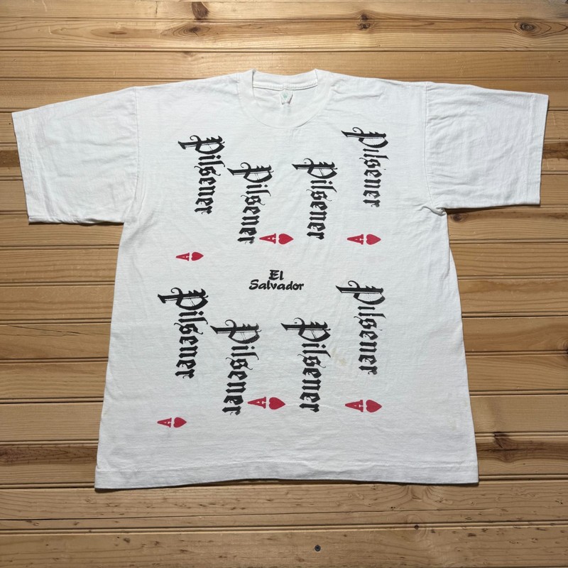 Vintage 90s Pilsener Beer El Salvador Ace of Hearts Double Sided T-Shirt Size XL